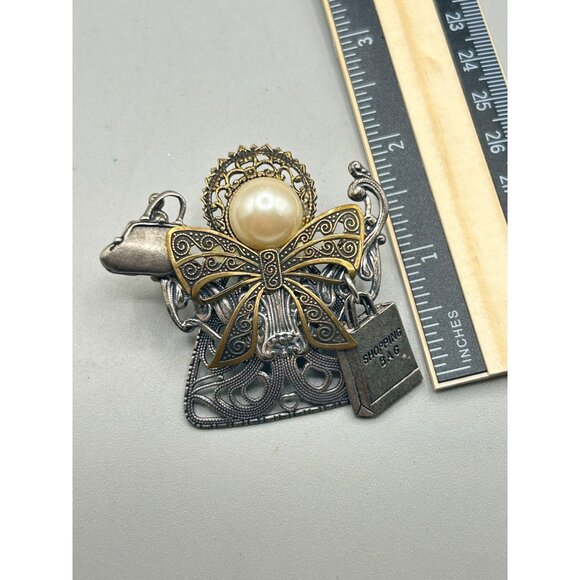 Vintage Assemblage Handmade Angel w Shopping Bag Pin Brooch Filigree Components - Picture 5 of 5